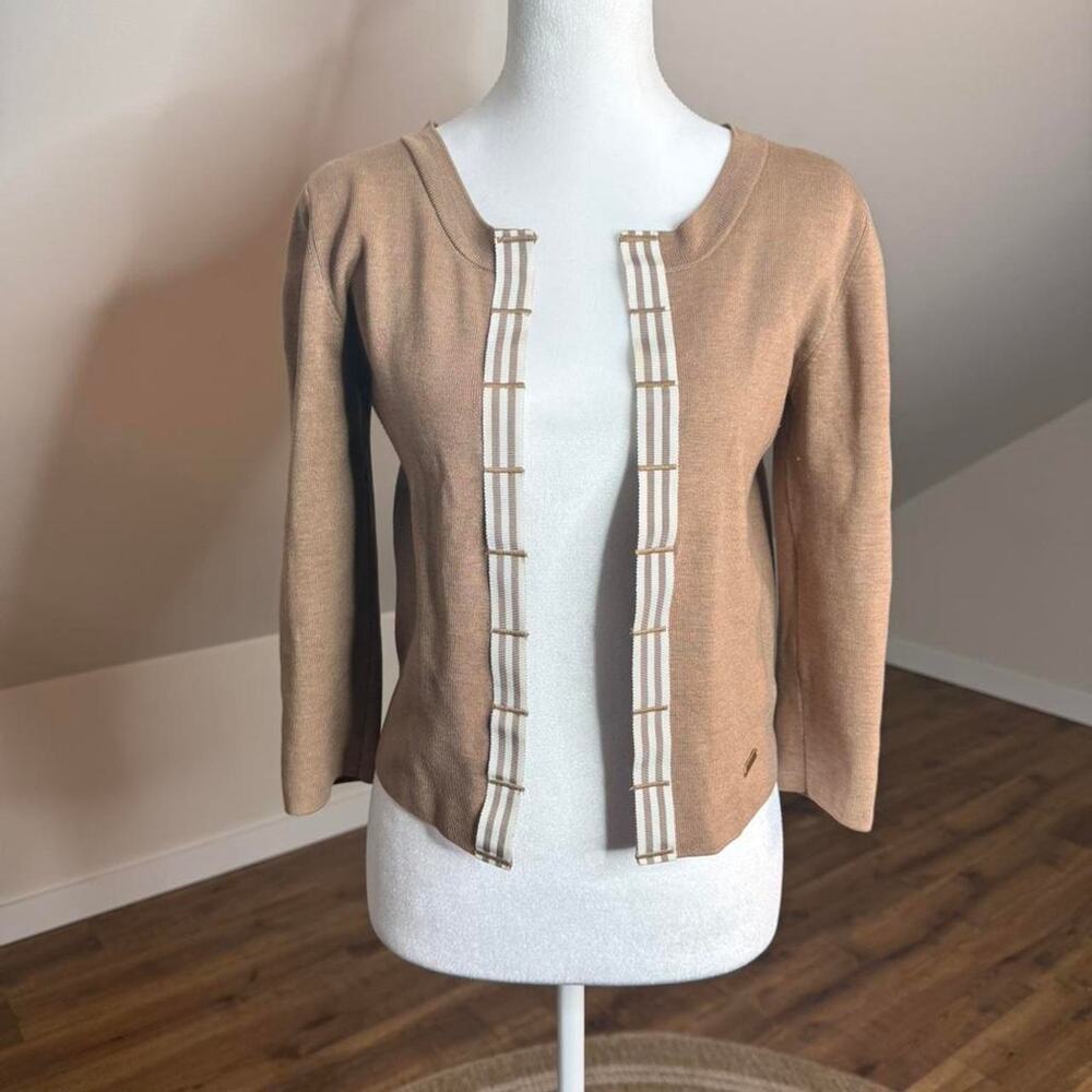 Carolina Herrera CH Silk Cardigan Sweater‎ – Camel Tan Ribbon Trim – Size S
